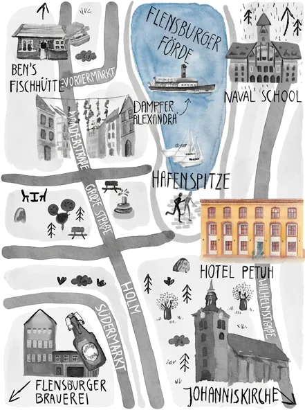 Illustrated map of Flensburg showing the harbour, the old town and Hotel Petuh