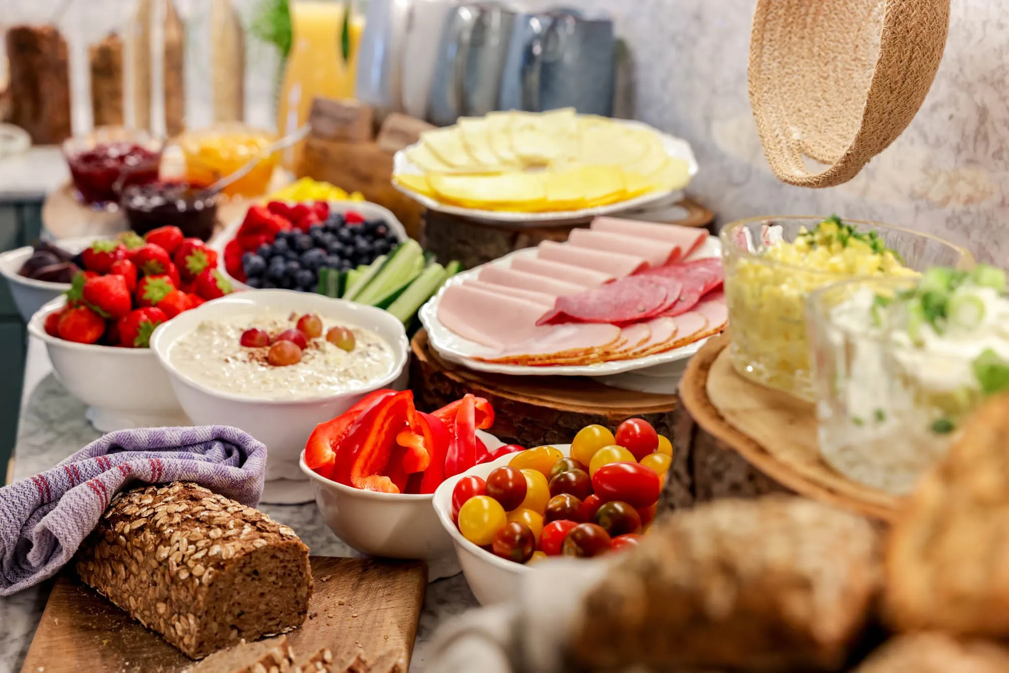 Breakfast at Petuh with homemade spreads, fruit, cheese, vegetables and dark bread