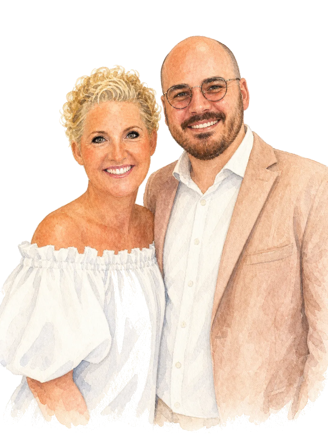 Watercolour portrait of the hosts Sara Theilen and Janis Kramer