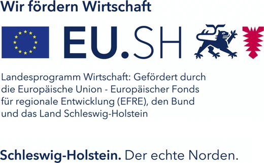 Wir fördern Wirtschaft. Landesprogramm Wirtschaft: Gefördert durch die Europäische Union – Europäischer Fonds für regionale Entwicklung (EFRE), den Bund und das Land Schleswig-Holstein. Schleswig-Holstein. Der echte Norden.
